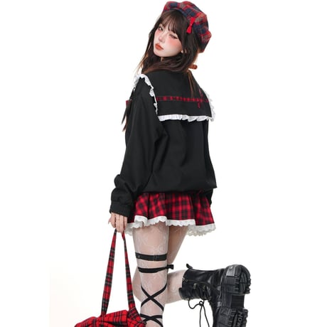 24cmShop パンクセーラートップス+レッドプラッドスカート2点セット sus123