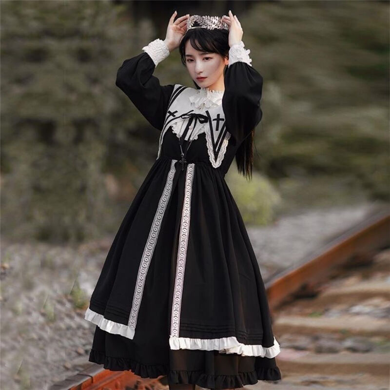 ネヂママ　和柄セーラーワンピース　ロリータ　和風　ゴシック　和ロリ　洗える　黒 シスター風ロリータワンピース 633 | 可愛い服量産型服通販24cm