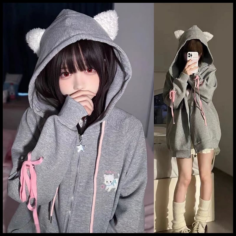 地雷_ゆめかわ_猫ちゃん_レースアップスリーブ_パーカー_2種 地雷_ゆめかわ_猫ちゃん_レースアップスリーブ_パーカー_2種