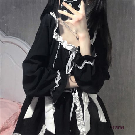 ダークリボン長袖ワンピース 844
