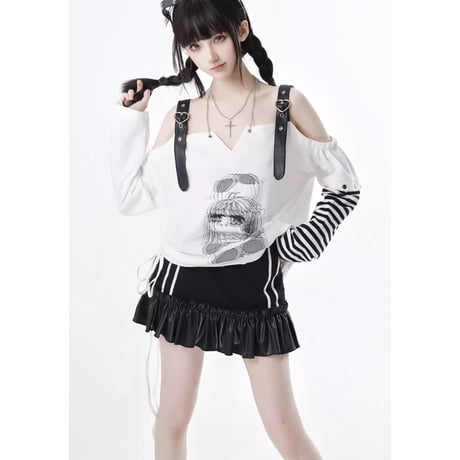 ブラックアンドホワイトオフショル＋スカート＋パンツ 2点セットsus151