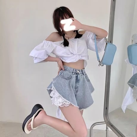 フリルペチコート付きデニムショートパンツ 1374