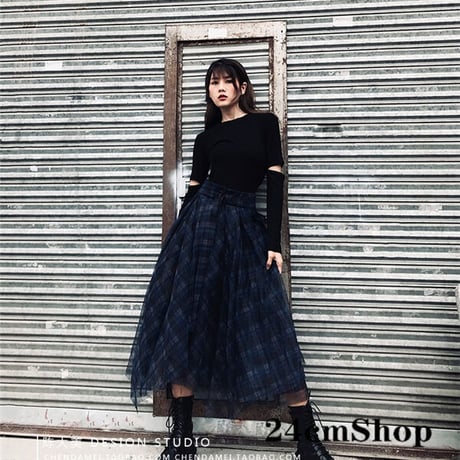 青いチェックのレースのスカート  1122