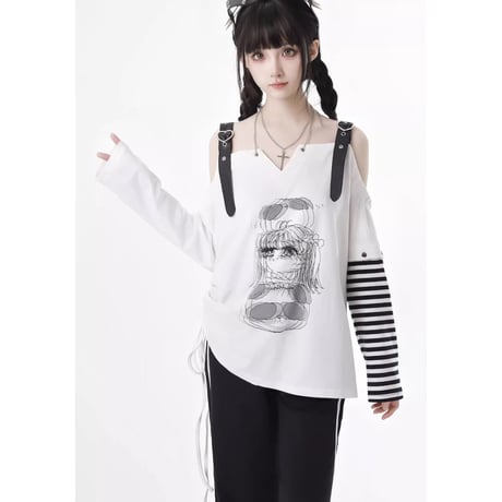 ブラックアンドホワイトオフショル＋スカート＋パンツ 2点セットsus151