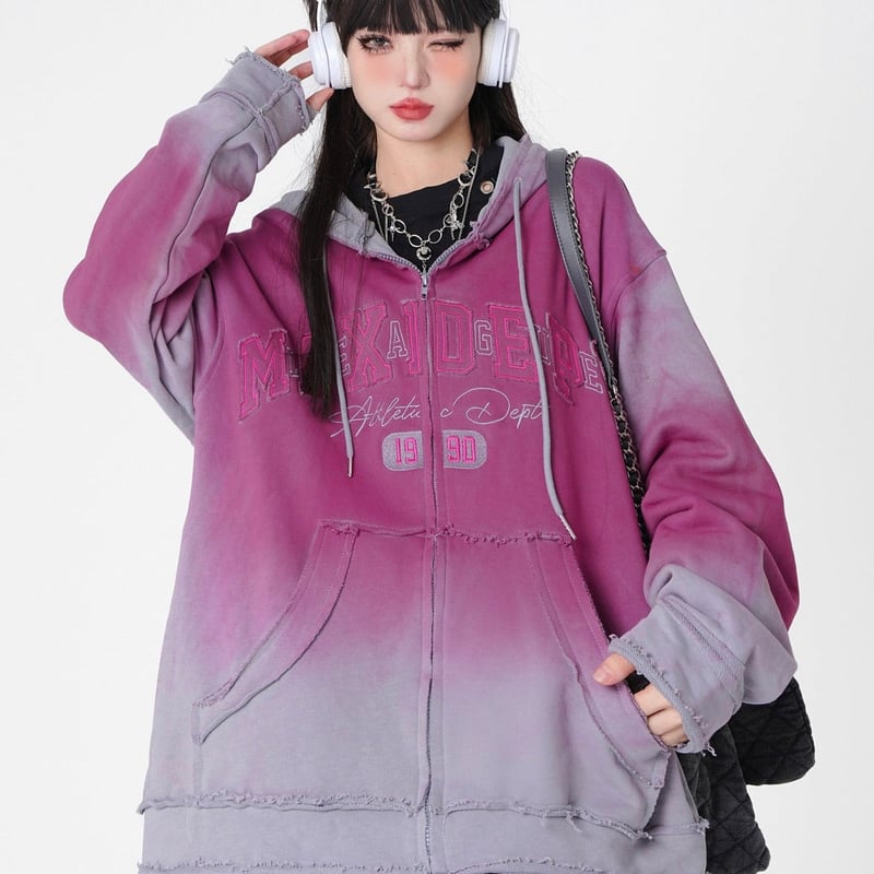 ダークパープルオッシュデザイングラデーションジップパーカー tx045