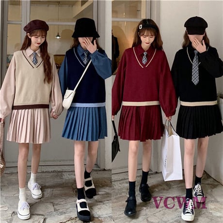 タイ付きプリーツポロワンピース＋ニットベスト 1049