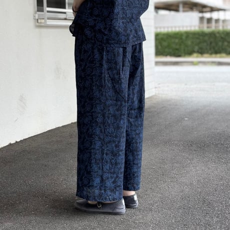 COTTON DOBIE CHECK FLOWER HAND SCREEN PRINT EASY PANTS INMDS26095 / maison de soil メゾンドソイル