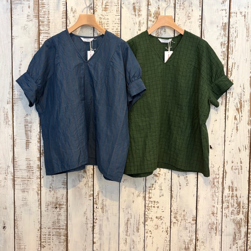 コットンリネン チェック＆ストライプ パフスリーブブラウス 251