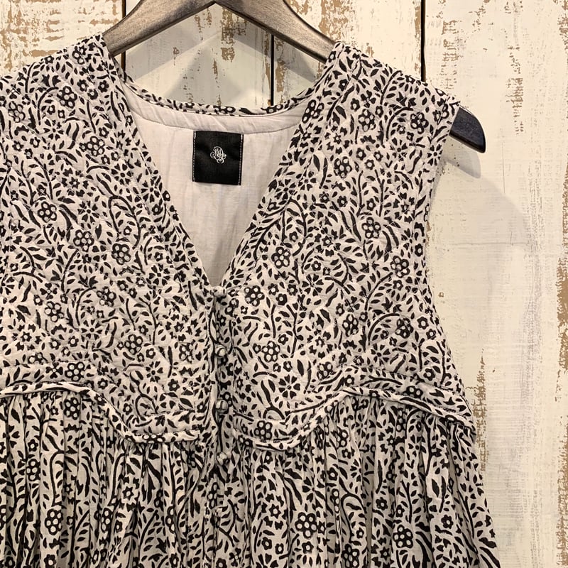 80'S COTTON FLOWER BLOCK PRINT V-NECK NO/SL DRE