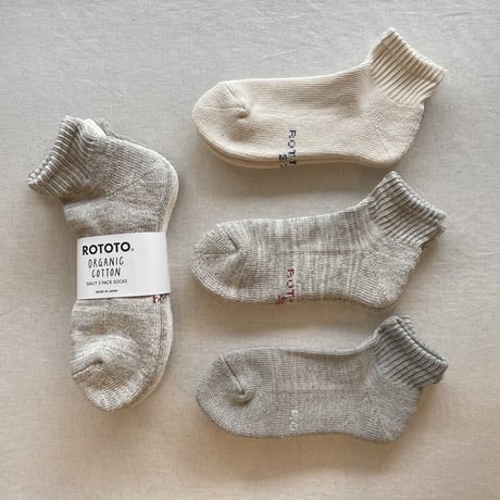 ORGANIC DAILY 3 PACK ANKLE SOCKS (ECRU×GRAY) R1371 / ROTOTO
