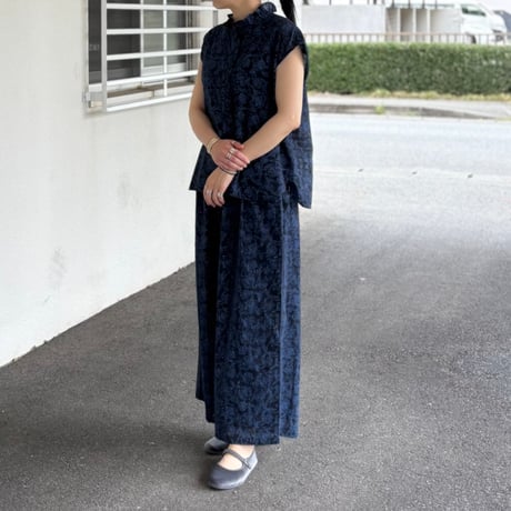 COTTON DOBIE CHECK FLOWER HAND SCREEN PRINT EASY PANTS INMDS26095 / maison de soil メゾンドソイル
