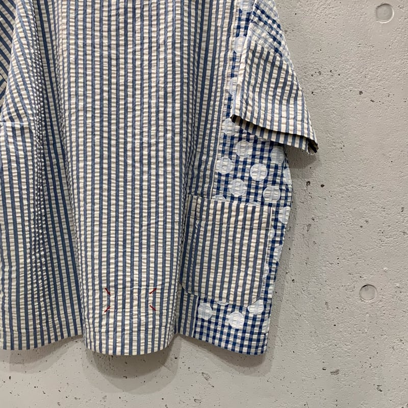 Girl's インディゴサッカーに水玉 ミックス水玉半袖シャツ 52S