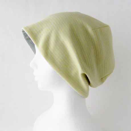 抗がん剤等脱毛時の帽子　ケア帽子　医療用帽子　にも使える　ゆるいリバーシブル帽子　黄ボーダー　ライトグレー