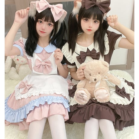 メイド服 エプロン コスプレ 甘ロリータ 3点セット 半袖 長袖 かわいい カチューシャ ロリータ ワンピース メイド