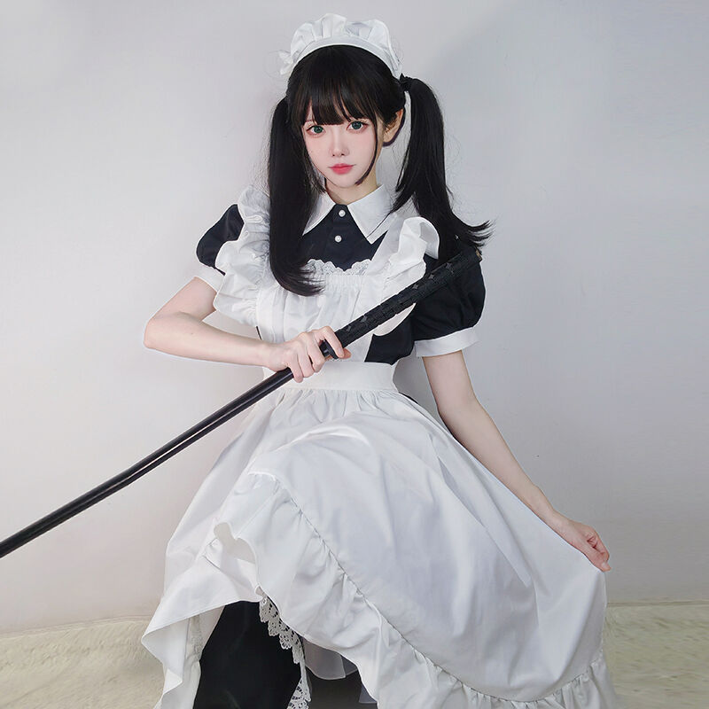 高品質 メイド服 エプロン クラシック ロング ロリータ 3点セット 長袖
