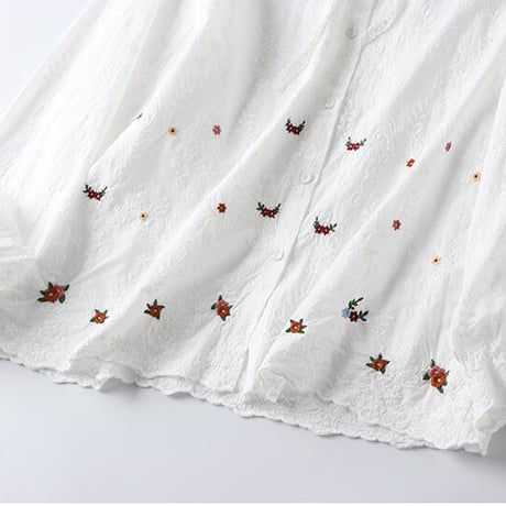 春夏 新作 森ガール ブラウス 長袖 トップス シャツ 刺繍 花柄 レース ビッグカラー ダブルカラー ゆるふわ 体型カバー