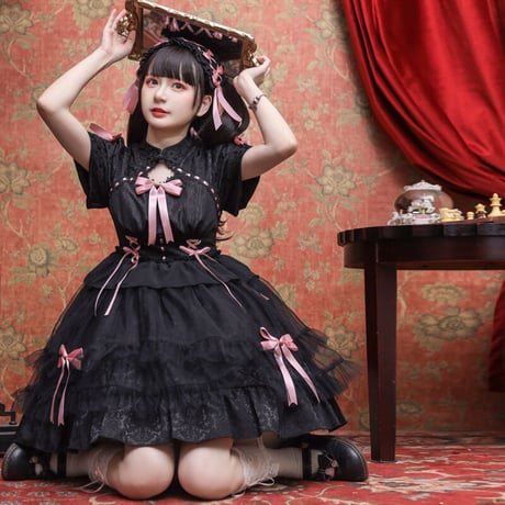 中華ロリータ ワンピース ドレス 半袖 メイド服 ゴスロリ チャイナ服 ゆめかわいい ゴシックロリータ 天使 小悪魔 中華風