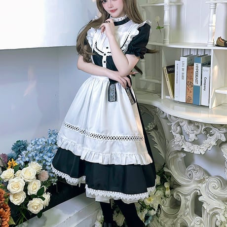 メイド服 ワンピース 半袖 クラシカル ロング丈 メイド 定番 カチューシャ セット 英国風 ロリータ 大人可愛い