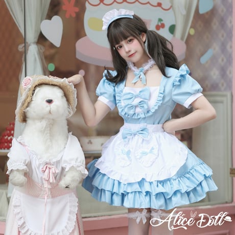 ゆめかわいい メイド服 メイド ワンピース エプロン カチューシャ 半袖 ミニ丈 ミニスカ フリル リボン