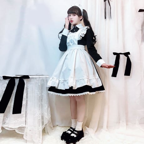 即納 高品質 メイド服 ワンピース 長袖 コスプレ ロリータ クラシカル メイドカフェ エプロン メイド 豪華セット