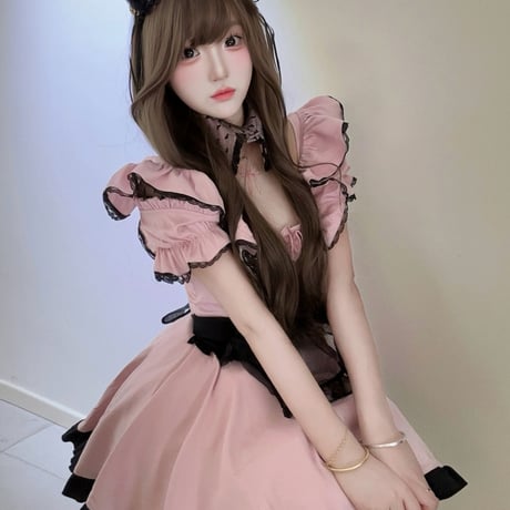 メイド服 メイド セット ゆめかわいい ガーリー ワンピース エプロン つけ襟 猫耳カチューシャ 半袖