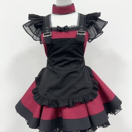 メイド服 ワンピース ゴスロリ エプロン ウエストベルト チョーカー カチューシャ付き 5点セット レディース