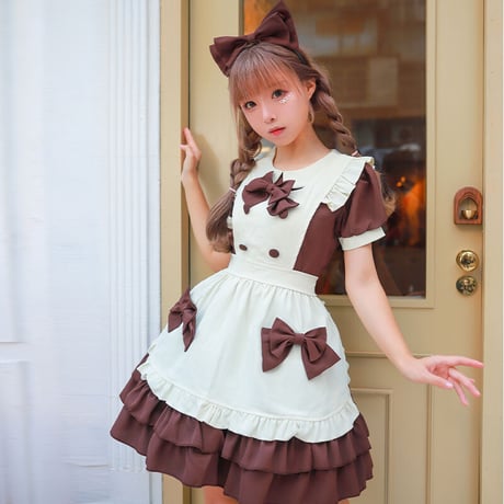 メイド服 ロリータ メイド 3点セット エプロン ドレス ワンピース 制服 コスプレ 半袖 長袖