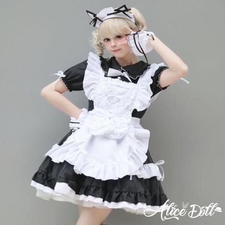 メイド服  ロリータ セット ワンピース エプロン カチューシャ 猫耳 半袖  ゆめかわいい メイド ミニ丈