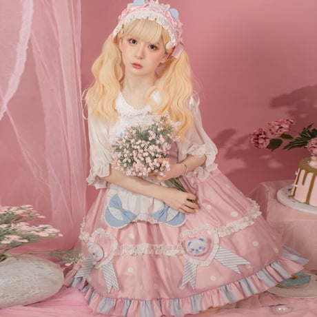 ロリータ メイド服 ジャンパースカート ワンピース エプロン付 ショート丈 メイド お姫様 ロリータドレス 姫 クマ ぬいぐるみ