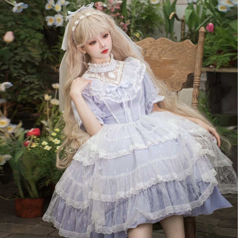 新作 ロリータ Lolita ワンピース 半袖 ドレス オーバースカート付き V  
