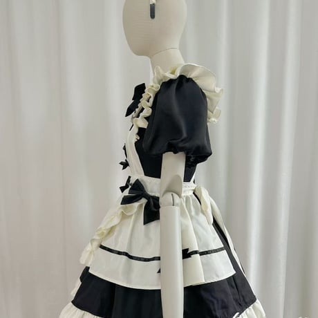 クラシカル メイド服 ワンピース Lolita エプロン カチューシャ 付け袖 2way 半袖 長袖 ミニ丈