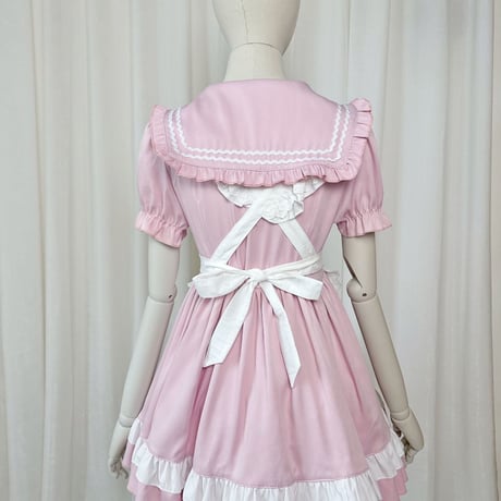 セーラー風 メイド服 セーラーワンピース ロリータ コスプレ ドレス ワンピース エプロン付き リボン 半袖