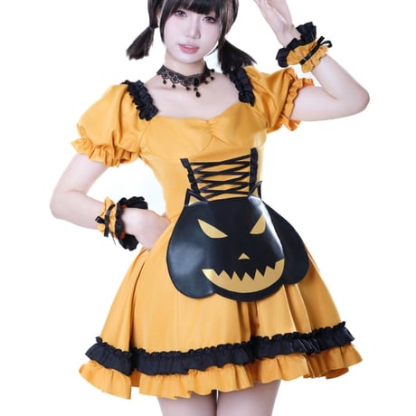 ハロウィン メイド服 小悪魔 かぼちゃ メイド ワンピース エプロン ヘッドドレス 豪華セット 半袖 ミニ丈