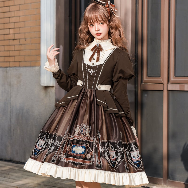 ロリータ ワンピース ドレス 長袖 立ち襟 学園風 制服 学園 可愛い  