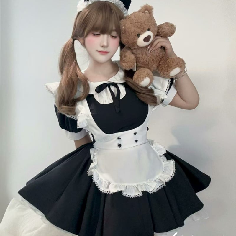 クラシカル メイド服 ワンピース エプロン 猫耳カチューシャ付き