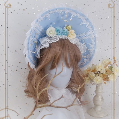 ロリータ ボンネット 帽子 ヘッドドレス カチューシャ スカイブルー 髪飾り 清楚 フラワー 薔薇 お花 クラシカル