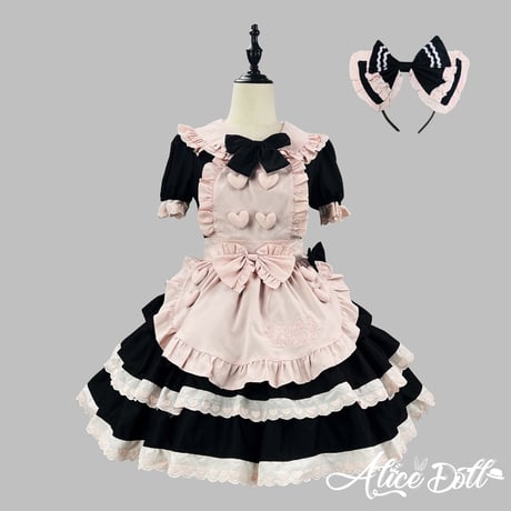 クラシカル メイド服 ワンピース エプロン カチューシャ付き 半袖 ドレス ロリータ ゴスロリ 甘ロリ