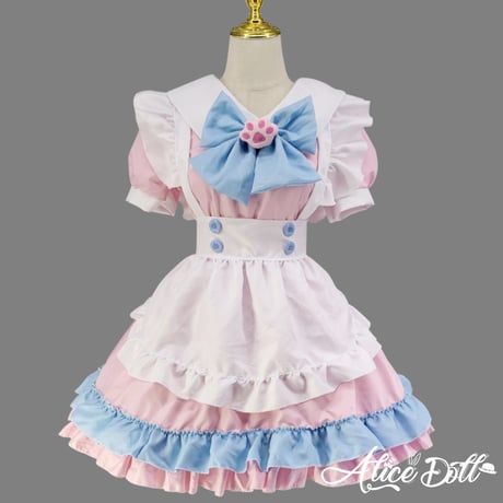 メイド服 ワンピース エプロン カチューシャ セット 猫の肉球 半袖 ミニ丈 ミニスカ ドレス ロリータ Lolita
