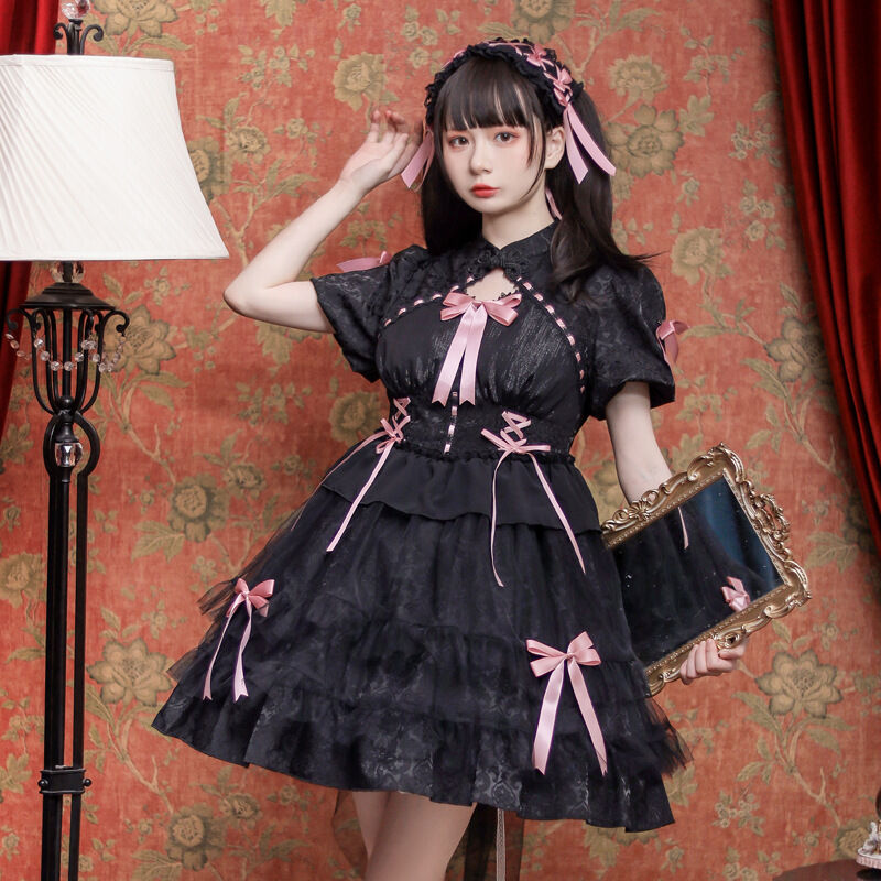 中華ロリータ ワンピース ドレス 半袖 メイド服 ゴスロリ チャイナ服