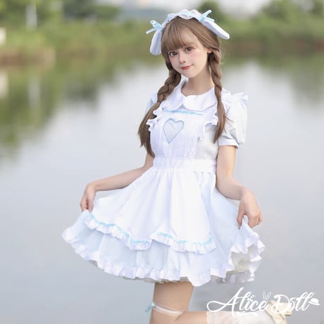 ロリータ メイド服 セット ゆめかわいい うさ耳 ハート ワンピース エプロン カチューシャ 半袖 ミニ丈