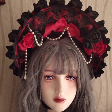 ロリータ ボンネット 帽子 ヘッドドレス ヘアアクセサリー 4カラー 薔薇 花 純白 黒ロリ ゴシック クラロリ