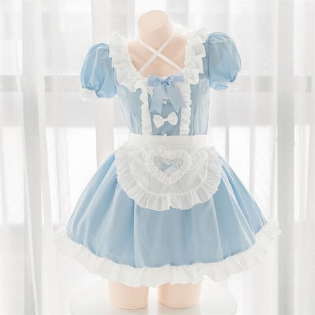 メイド服 エプロン コスプレ ミニ丈 セクシー 夏 水色 かわいい 喫茶店 甘ロリ メイド ワンピース クラシカル