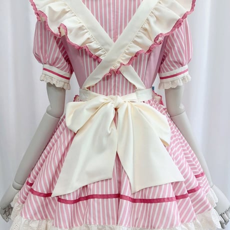 メイド服 ワンピース エプロン セット 半袖 レース フリル 甘ロリ いちご ストライプ レディース 甘かわいい