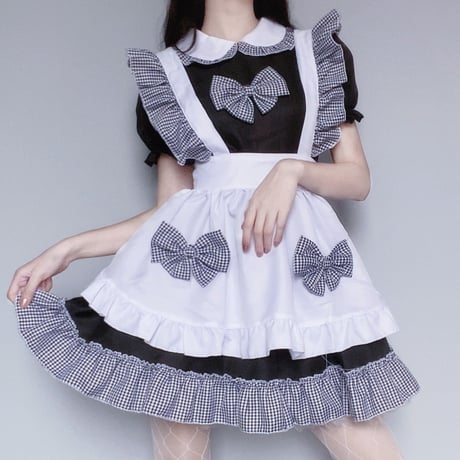 ロリータ ワンピース メイド服 4点セット エプロン 甘ロリ 喫茶 制服 レディースコスチューム 仮装 S-3XL