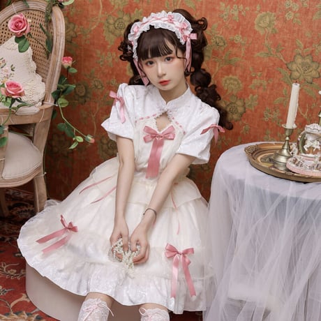 中華ロリータ ワンピース ドレス 半袖 メイド服 ゴスロリ チャイナ服 ゆめかわいい ゴシックロリータ 天使 小悪魔 中華風