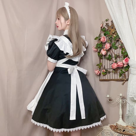 即納 メイド服 高品質 エプロン ロリータ クラシック 膝丈 ワンピース コスプレ レディース 3点セット