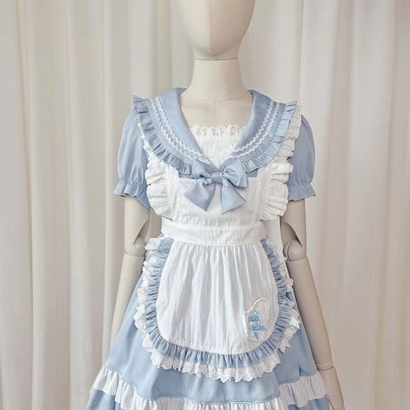 セーラー風 メイド服 セーラーワンピース ロリータ コスプレ ドレス ワンピース エプロン付き リボン 半袖