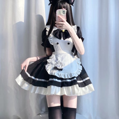 メイド服 メイド ドレス ワンピース エプロン リボン セット 半袖 猫の肉球 フリル 可愛い ミニ丈 メイドカフェ コスプレ