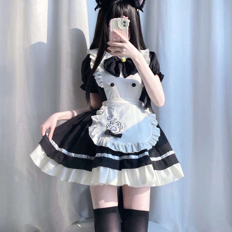メイド服 メイド ドレス ワンピース エプロン リボン セット 半袖 猫の 