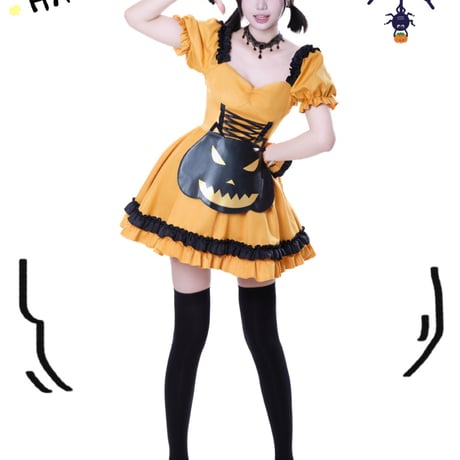 ハロウィン メイド服 小悪魔 かぼちゃ メイド ワンピース エプロン ヘッドドレス 豪華セット 半袖 ミニ丈
